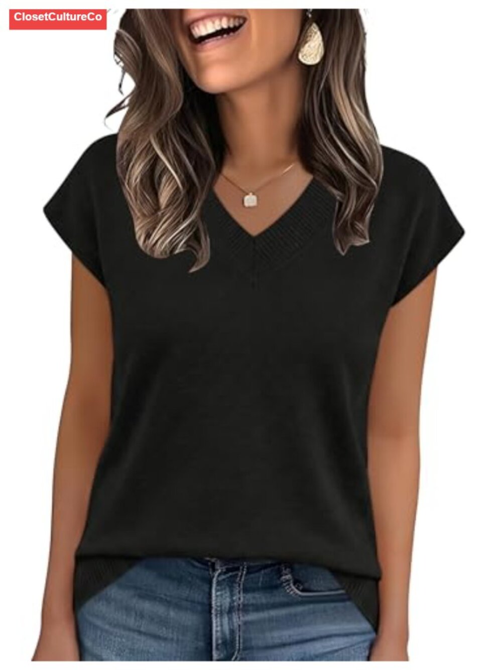 Womens Lightweight Knit V Neck Cap Sleeve Pullover Sweater Top
